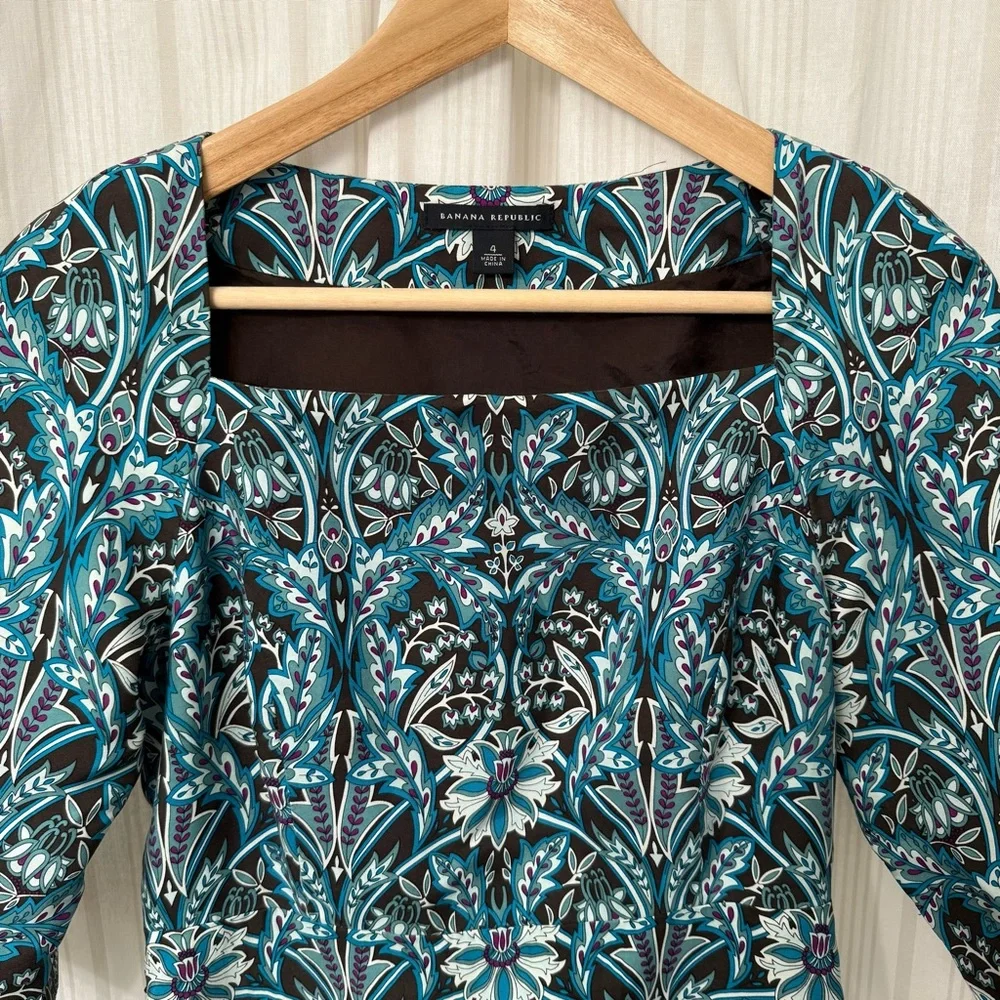 Banana Republic Brown & Turquoise Square Neck Lined Patterned Dress 100% Silk - Picture 3 of 9
